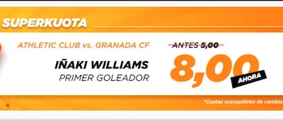 Superkuota Kirolbet en la cuota de apuestas a primer gol de Williams en el Athletic Granada