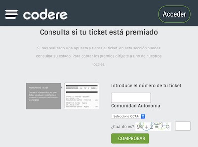 Comprobar ticket premiado codere