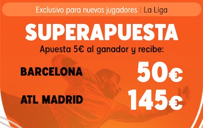 Superapuesta en 888sport: Apuestas 5 euros y ganas 50 con el Barcelona o 145 con el Atletico de Madrid.