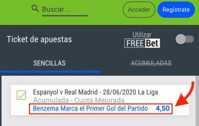 Cuota especial Codere Apuestas en el Espanyol vs Real Madrid: Gol de Benzema