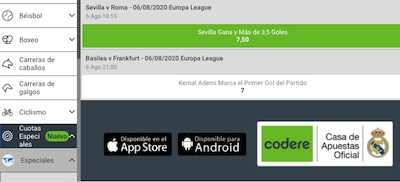 Cuotas especiales de apuestas al Sevilla - Roma de la Europa League en Codere