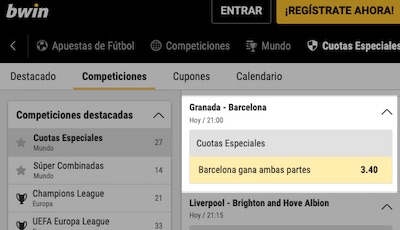 Juega tus apuestas con las cuotas especiales en el Granada-Barcelona con Bwin