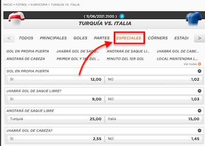 Cuotas al Turquia vs Italia en apuestas especiales de Kirolbet