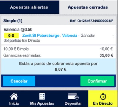 Ejemplo de como cerrar una apuesta mediante la opción de cash out en William Hill