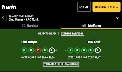 Cuotas de apuestas a la Supercopa de Bélgica en Bwin: Brujas vs Genk