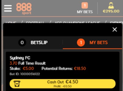 Ejemplo de cash out en 888sport para cerrar una apuesta y asegurar ganancias.