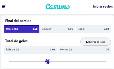 Cuotas del Betis Cádiz en Casumo