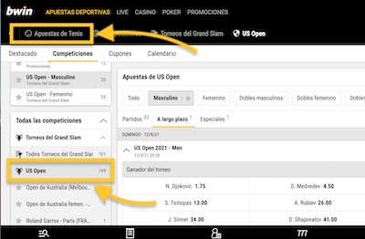 Indicaciones para encontrar las cuotas de apuestas al US Open de tenis en Bwin