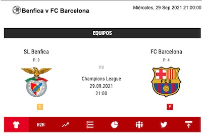 Cuotas muy igualadas en el Benfica vs Barcelona de Champions en Sportium