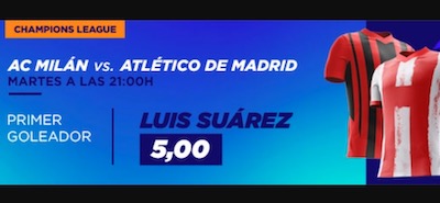 Cuotas de apuestas al Milan vs Atletico en Kirolbet: Suárez primer goleador, a 5.00 de cuota.