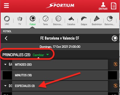 Selección de cuotas de apuestas especiales al Barça vs Valencia en Sportium