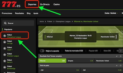 Mejores cuotas de Bet777 en el Villarreal Manchester United de Champions