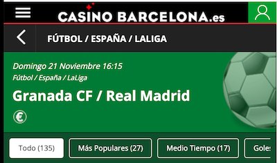 Cabeza de Casino Barcelona para las apuestas al Granada vs Real Madrid