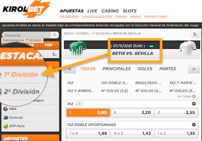 Captura de las cuotas del derbi sevillano de LaLiga