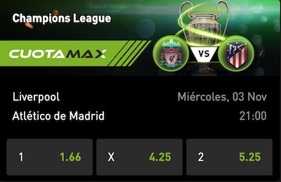 Vistazo de un plumazo de las cuotas al ganador del encuentro entre el Liverpool y el Atletico de Madrid