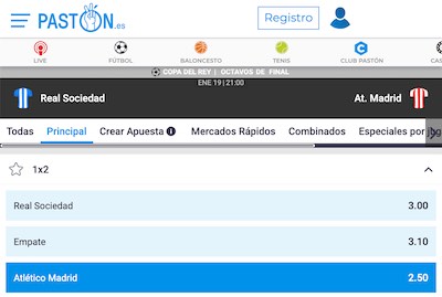 Las cuotas a la victoria de la Real Sociedad o del Atletico de Madrid son muy parecidas en Paston.es