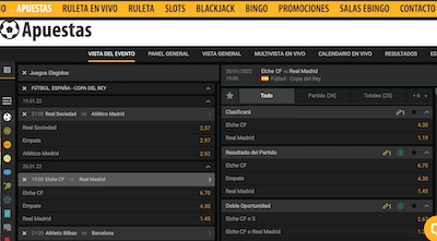 Las cuotas del Elche Real Madrid de la Copa son favorables a los blancos