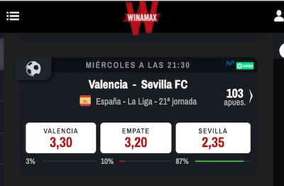 Cuotas altas para el Valencia Sevilla en Winamax