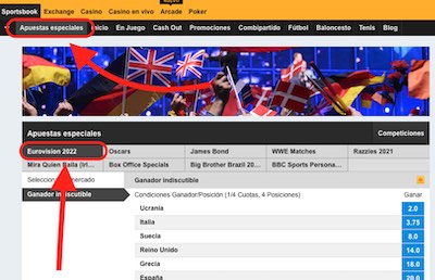 Cuotas de apuestas a Eurovision 2022 en Betfair