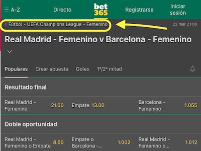 Cuotas al Real Madrid vs Barcelona de la Champions Femenina en Bet365 apuestas