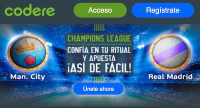 Cuotas de apuestas de Champions en Codere: Manchester City vs Real Madrid