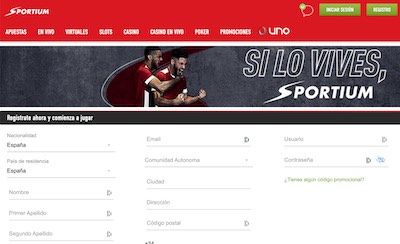 Página de registro en Sportium España