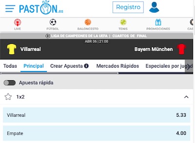 Descubre en Paston las mejores apuestas al villarreal bayern de Champions.