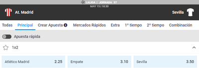Cuotas muy parejas para el Atlético de Madrid vs Sevilla