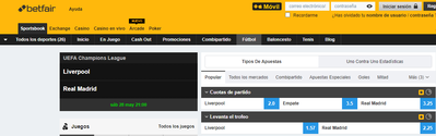 Las apuesta para el Liverpool vs Real Madrid de la final de la Champions tienen cuotas muy elevadas en muchos mercados de Betfair