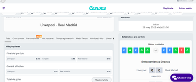 Las cuotas a la final de la Champions de Casumo son muy altas para el empate y la victoria del Real Madrid
