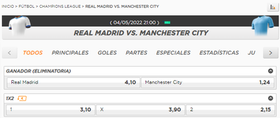 Las cuotas para el Real Madrid vs Manchester City son favorables al equipo de Guardiola