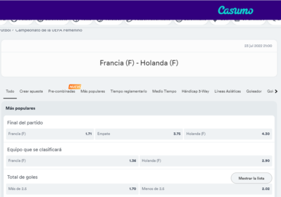 Cuotas muy interesantes en Casumo para las apuestas del Francia Vs Holanda de cuartos de final de la Eurocopa femenina