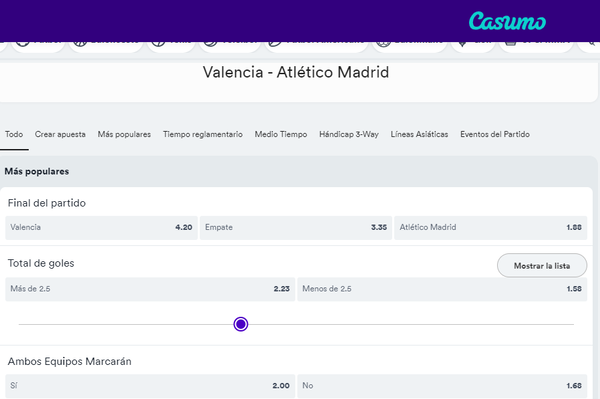 Las cuotas para las apuestas al resultado del Valencia Vs Atlético de Madrid son de color rojiblanco