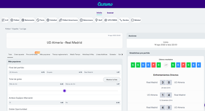 Cuotas muy buenas para las apuestas del Almería Vs Real Madrid de la primera jornada de la Liga en Casumo