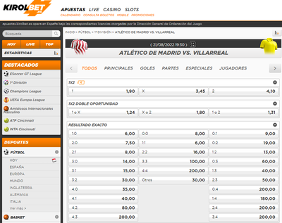 Las cuotas para las apuestas del Atlético de Madrid Vs el Villarreal son muy potentes en Kirolbet