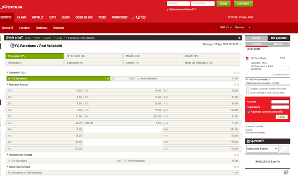 Las cuotas del Barcelona Vs Valladolid no pintan bien para los violetas en Sportium